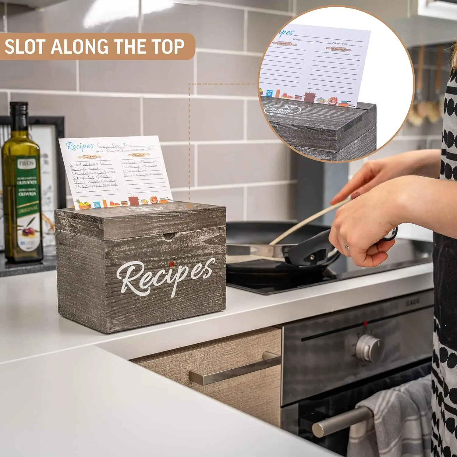 Wooden Vintage Recipe Box with Card Wooden Partition Vintage Style Set with 50 Recipe Cards as a Gift for Women