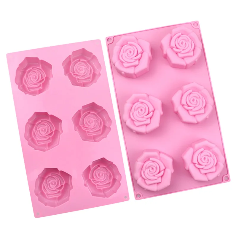 Factory Custom 6 Holes 3D Nonstick BPA Free Rose Cake Moulds Handmade Silicone Soap Mold