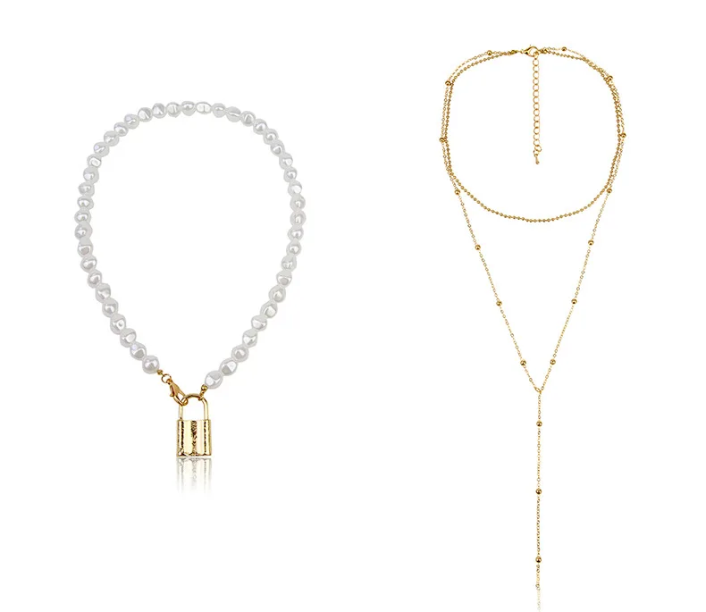 Double Layers Delicate Metal Gold Plated Chain And Pearl Lock Pendant Necklace