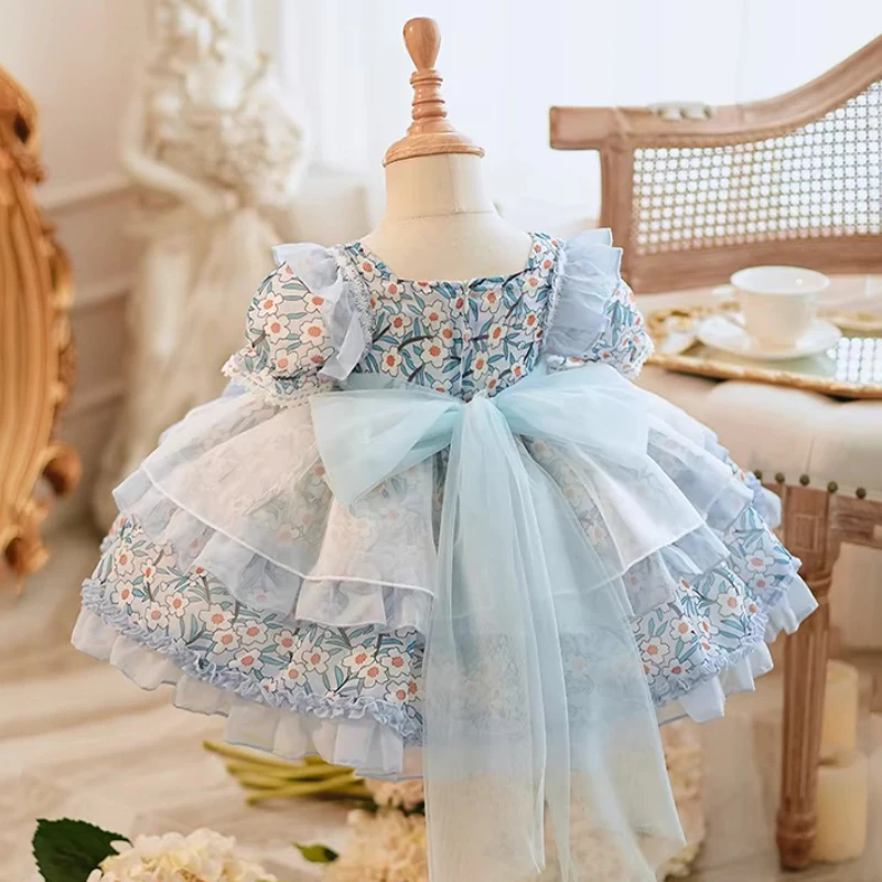 Yalindars Blue puff sleeve mesh waistband Layered Lolita Girls Dress Bow and flower print Jacquard fabric lace party dress