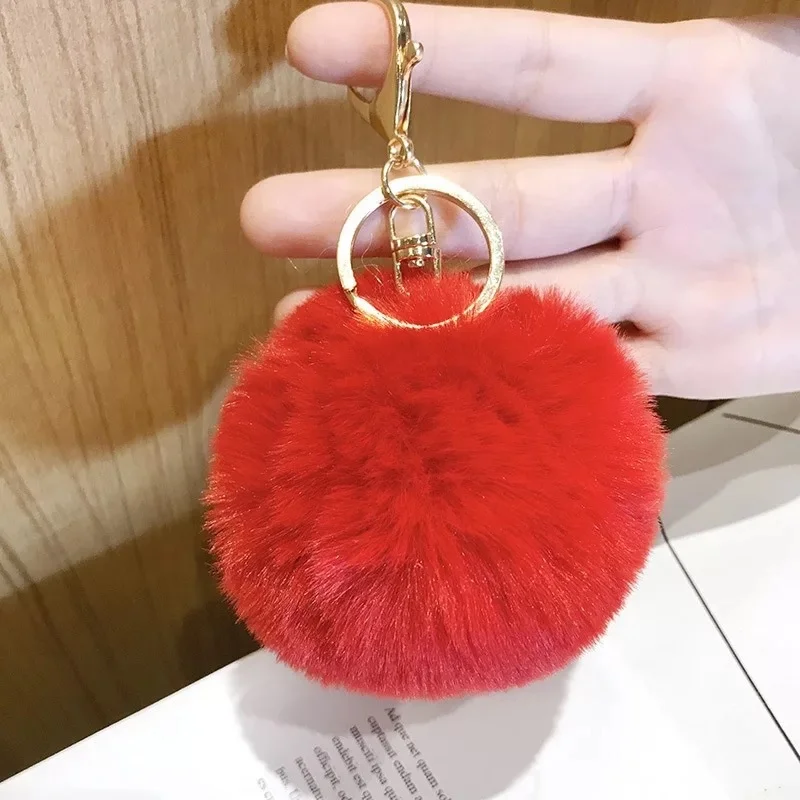 Furry Puff Ball Faux Rabbit Pink Fur Ball Pom Pom Keychain For Women And Girls