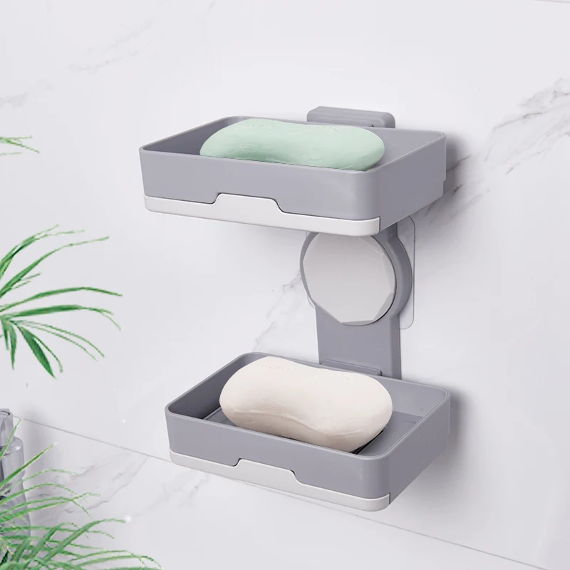 2022 Wholesale Wall Mounted ABS Adhesive Double Layer Storage Plate Tray Soap Dish Holder