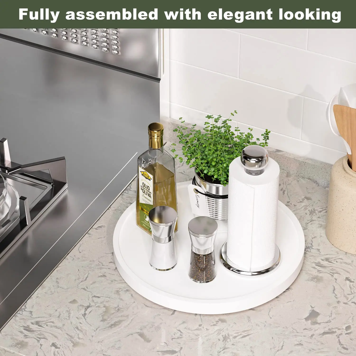 Non-Skid Bamboo Lazy Susan for Table Storage Napkin Holder Vase, Wood Turntable for Kitchen Countertop Organizer