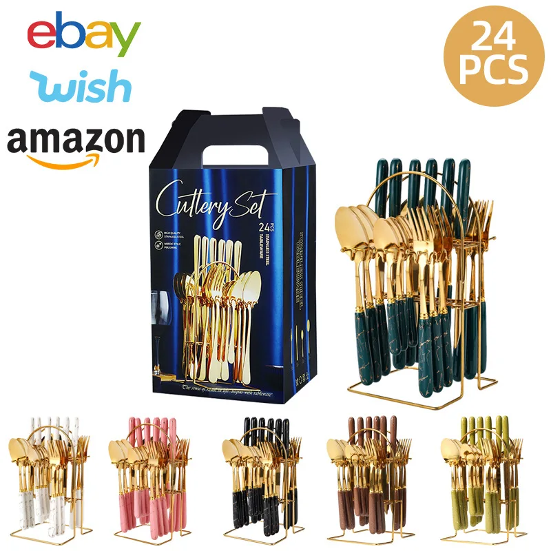 Classic 24 PCS Bulk Luxury Gold Chef Knives Flatware Gift Set Marble Handle Stainless Steel Cutlery Set