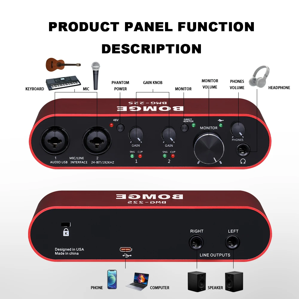 BMG-22S can use USB professional mixing console SOLO red with XLR/48V phantom power plug and play studio mixer interface