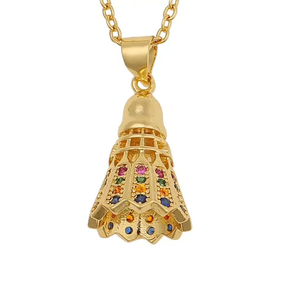 Fashion Sport Style Racket Badminton Pendant Necklace 18k Gold Plated Brass Choker Cubic Zirconia Couple Clavicle Chain