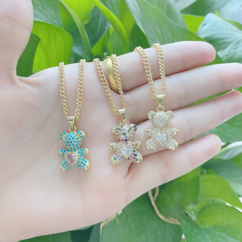 18K Gold Plated Multi Color Cubic Zircon Crystal Cute Bear Pendant Chain Animal Necklace