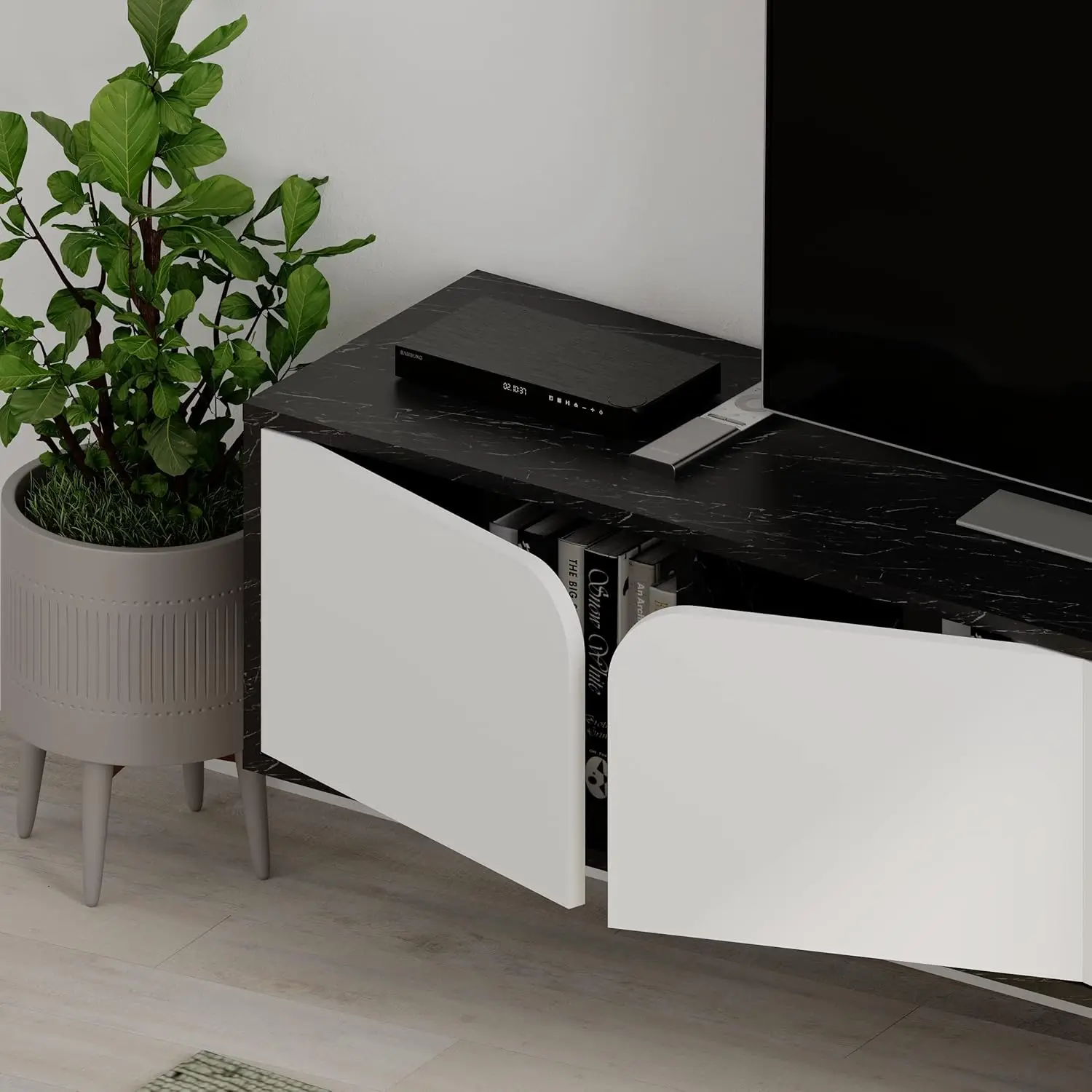 Modern TV Stand Multimedia Centre TV Unit Black Marble Effect White With Storage Cabinet 180cm