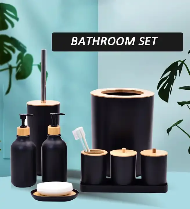 New Design 7pcs  Bathroom Set Accessories  Bamboo Cover  Plastic Bathroom Set
