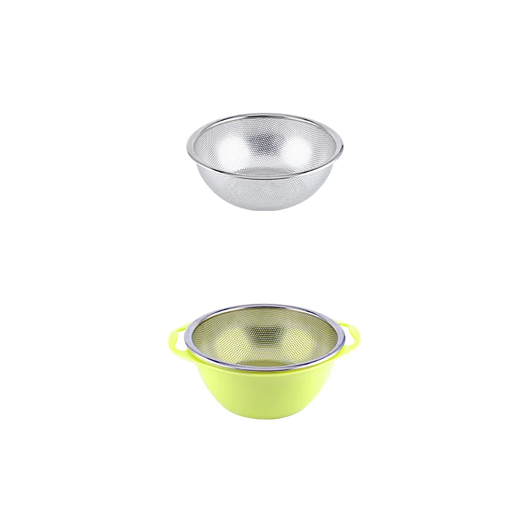 MINLI Stainless Steel Punching Colander Strainer Washing Rice Sieve Colanders with plastic bowl