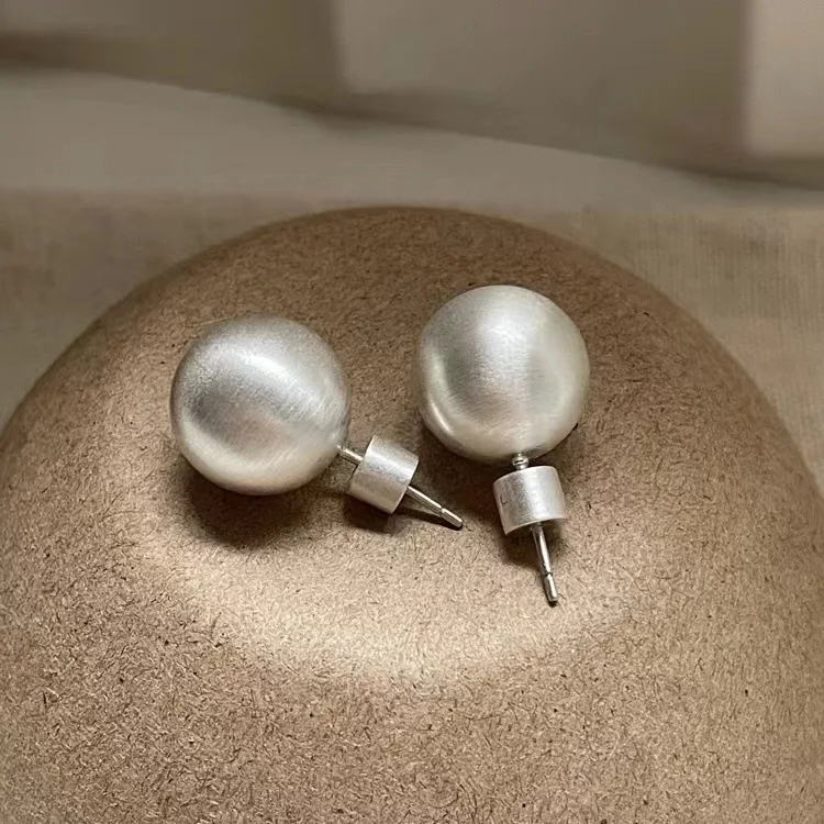 Temperament Silver Needle Wire Drawing Round Ball Matte Earring Simple Silver Spherical Copper Earring For Wonan Jewelry Gift