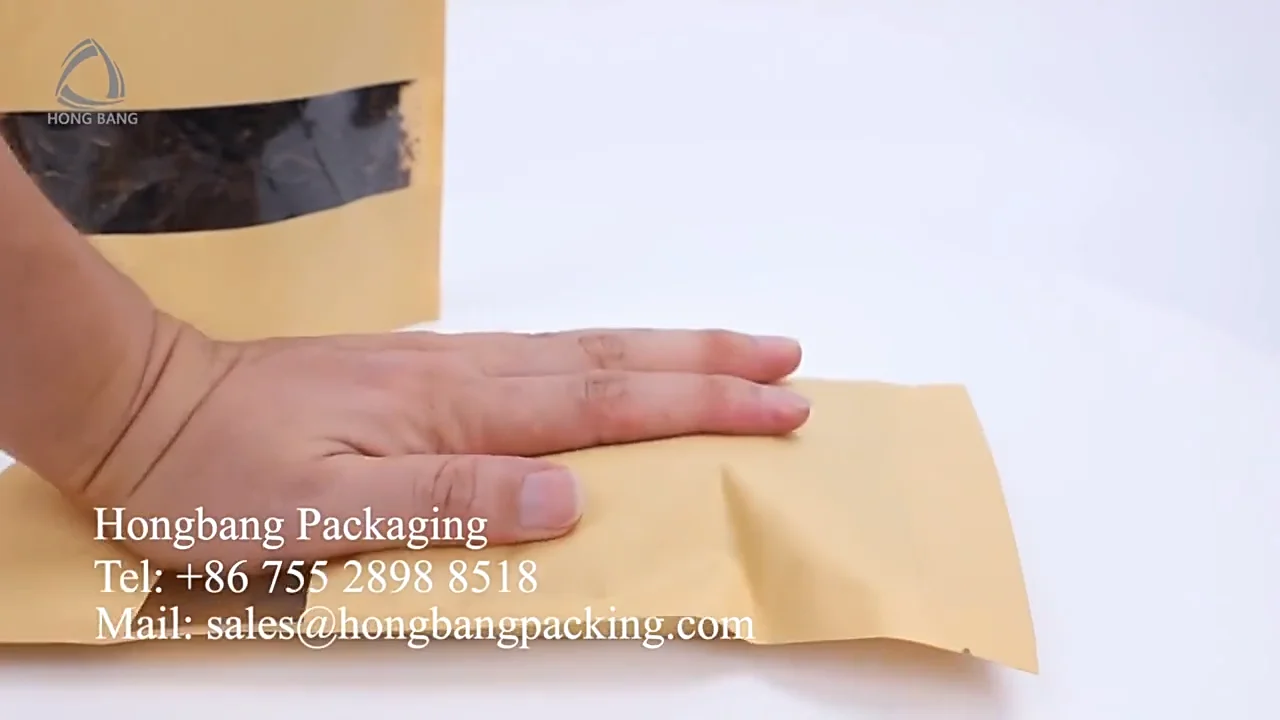 wholesale food packaging doypack stand up pouch plain brown kraft paper bag with clear window and zip lock for tea snack