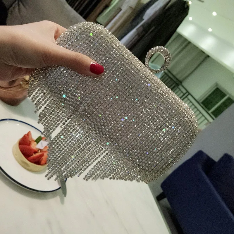 Hot Selling Women Crystal Tassel Clutch Purses Evening Clutch Bag Rhinestones Handbag for Wedding Party
