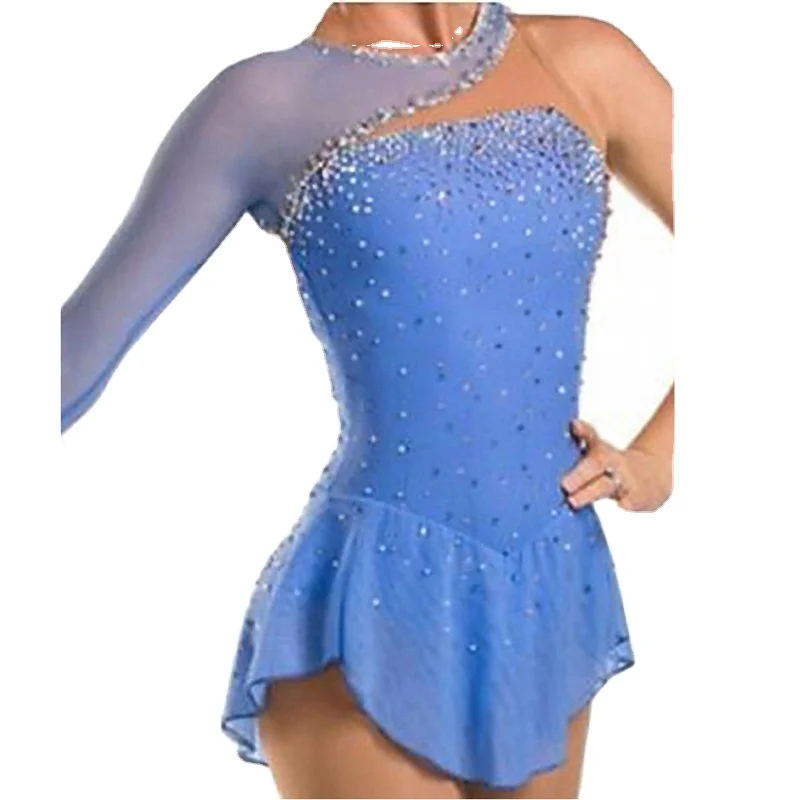 Hot Selling Figure skating dress handmade jeweled girls children blue skirt ballroom dance dresses skating dress