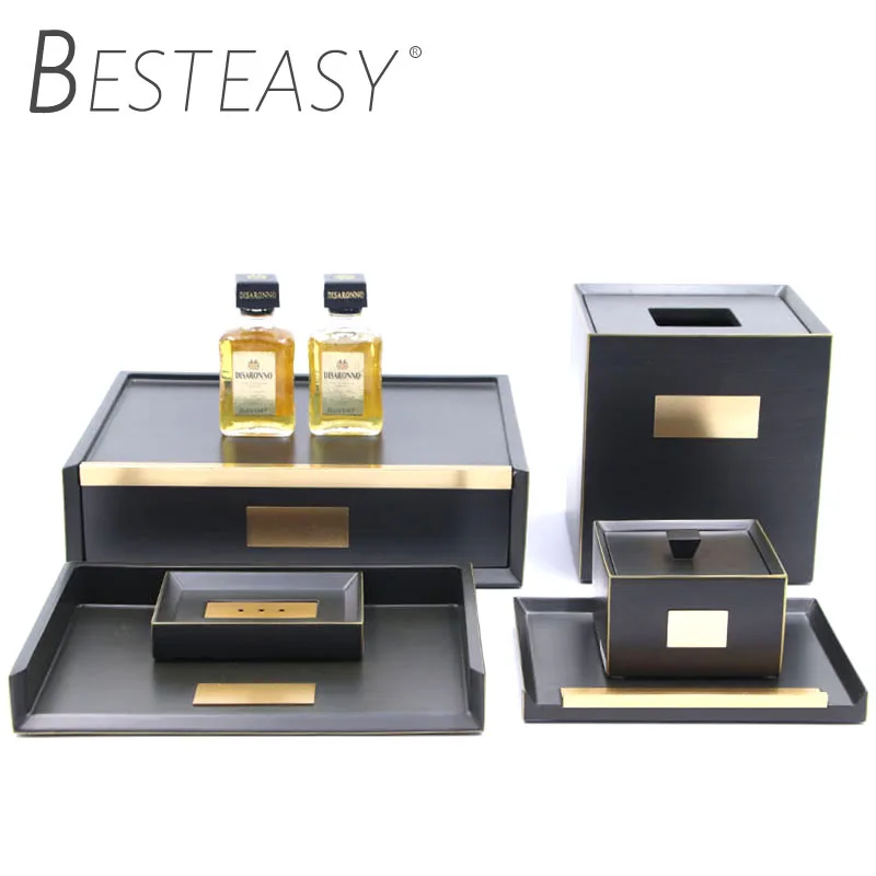 Besteasy Black  Hotel Tissue Box Cover Soap Dish Custom Resin Matel  Hotel Bathroom Amenities Accessories Set