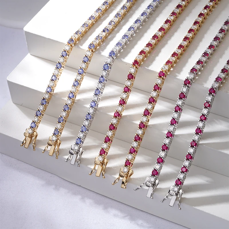 China wholesale Starsgem 3mm round shape luxury engagement 14K gold lab emerald ruby sapphire and moissanites tennis bracelet