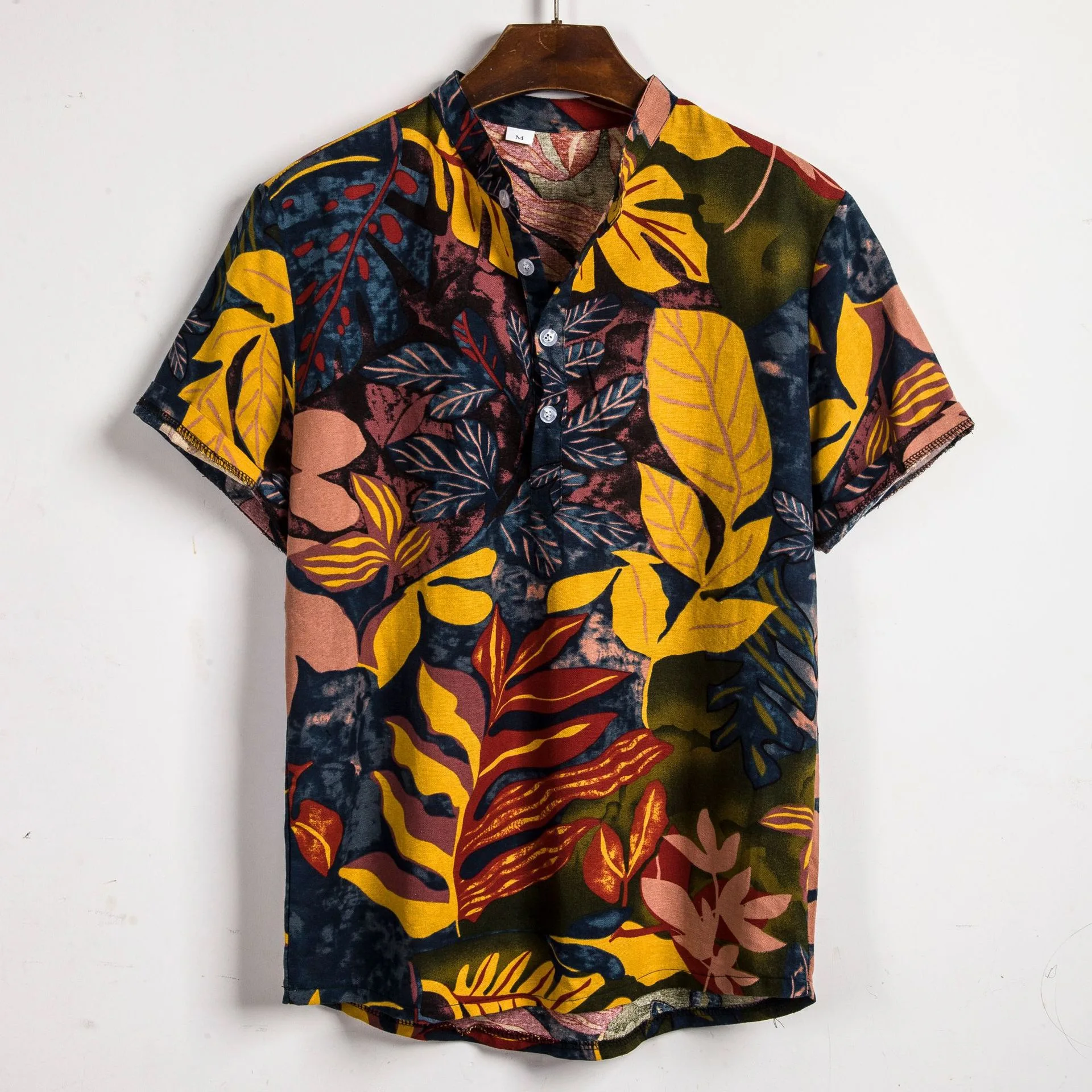 Men Summer Cotton Linen Leaf Print Hawaiian Shirts