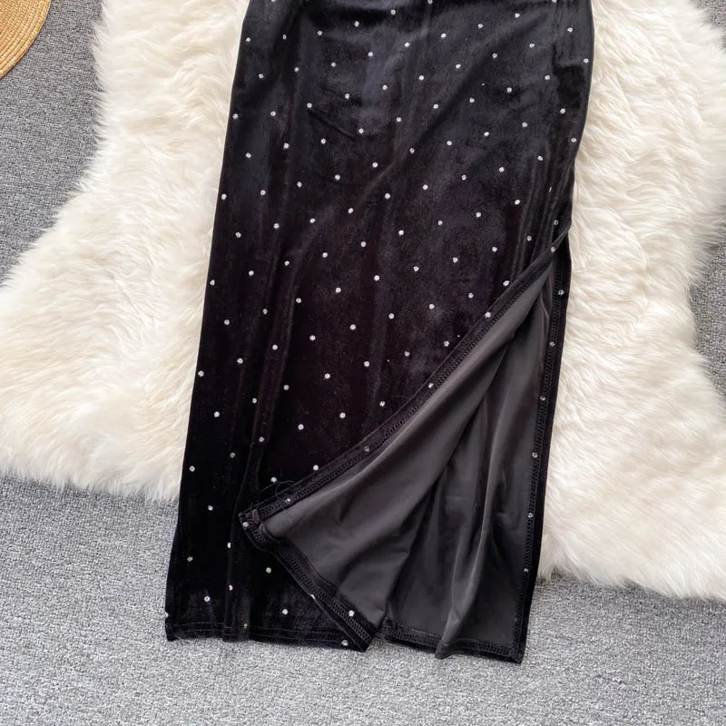 Strapless Square Collar Solid A-Line Dress Summer Slit Velvet High Waist Maxi Dress Ladies Casual Dress Clothes Women Wholesale