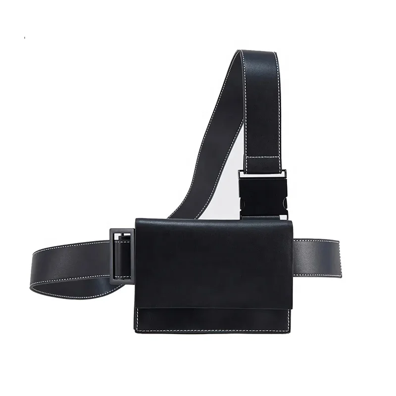 Custom Logo Leather Black Fashion Mens Small Harness Chest Pack Crossbody Leather Shoulder Wallet Bag Man