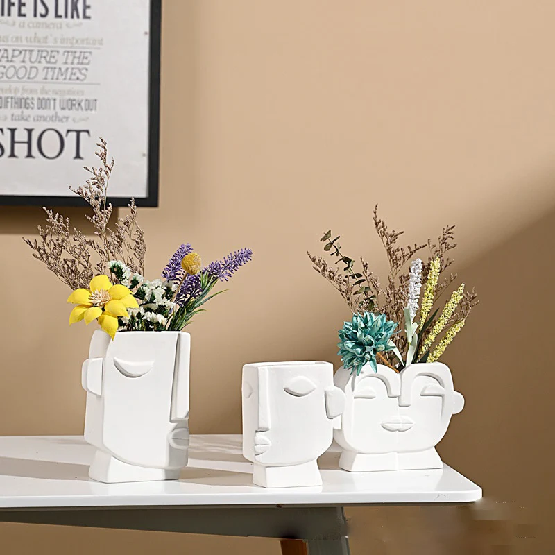 Hot Sale Nordic Modern White Human Face Ceramic Vase For Home Decor Office Table Top Porcelain Flower Pot Accessories