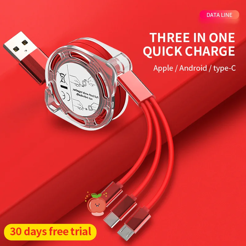 
Dragon master 3in1 Retractable USB Type C Micro USB charge Cable for mobile phone Charger Cable 1m 2.4A Fast Charging TPE cord 