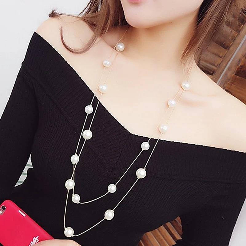 Long Double Layer Simulated Pearls LadIes Necklaces Clavicle Fashion Jewelry Sweater Chain Long Necklace For Women 2019 New