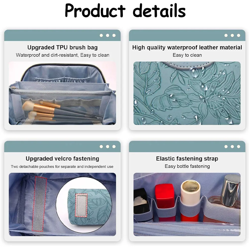 Large Capacity Waterproof PU Leather Brown Floral Patterned Travel Cosmetic Bag Portable for Women Makeup