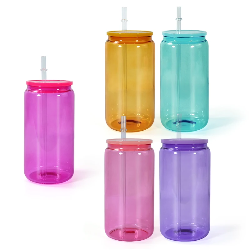 AGH New Arrival 16oz Clear Glass Can Wth Color Sublimation Blanks Glass Beer Can with Colorful Lid For Gift
