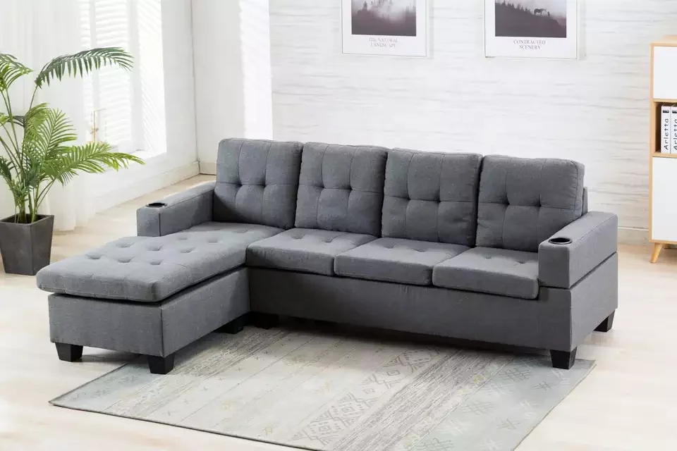 Hot sale modern living room sofa chaise lounge L shaped sofa sets black leather and fabric sectional corner sofa