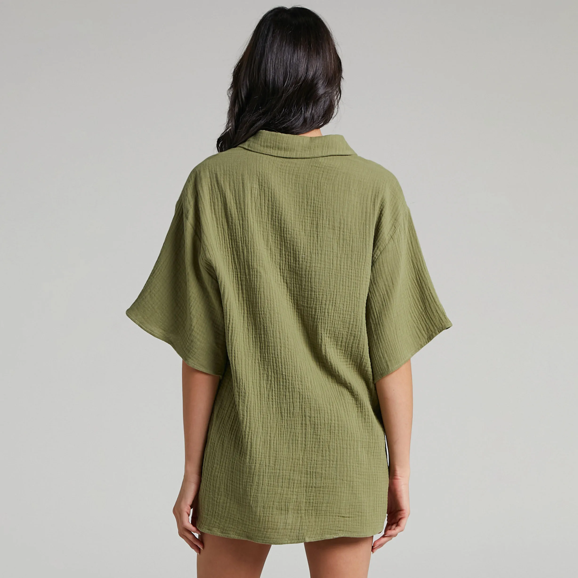 Boxy High Quality Muslin Shirt Set Custom Women Loose Drop Shoulder Button Up Shirt And Elastic High Waist Muslin Shorts Set