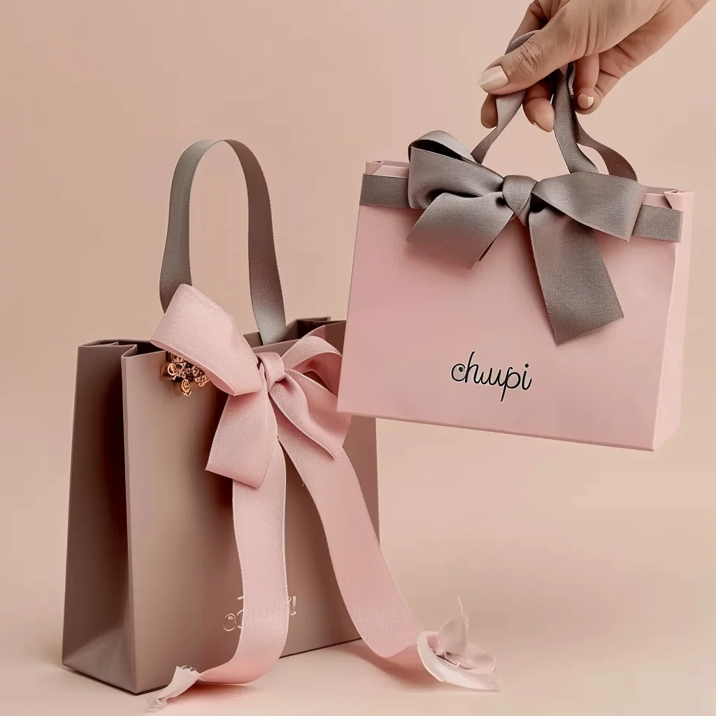 luxury Small Pink Shopping Carrier Bag Recyclable Thank you Gift Paper Bags Carrying Bowknot Bags