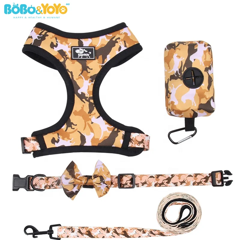 BOBO&YOYO Wholesale Custom Bold Durable Neoprene Polyester Puppy Leads Pet Dog Harness Leash Collar Set With Poop Bag Dispenser
