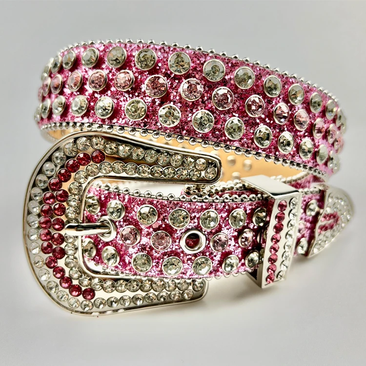 BB women rhinestone cowgirl belt Bling bling crystal studded diamond pink rhinestone leather belt
