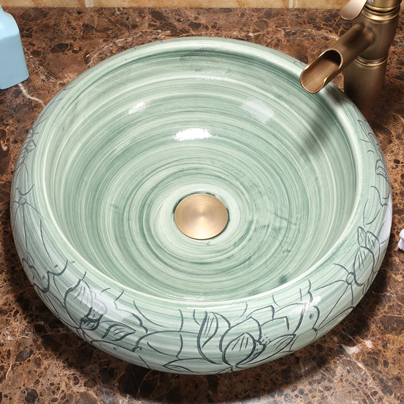 Green Round Jingdezhen Bathroom ceramic sink wash basin Counter Top Wash Basin Bathroom Sinks hand painted ceramics bowls