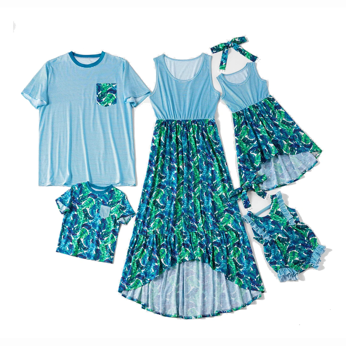 
Комплект одежды для мамы и дочки, Семейный комплект с зелеными полосками цветов, одежда для мамы, папы, девочек и мальчиков 