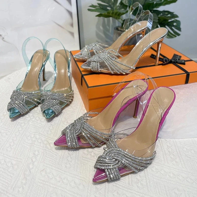2022 Fashion New Design Women Pointed Toe Crystal Transparent Female Pumps Thin High Heels Slip-On Sexy Ladies Sandals Shoes