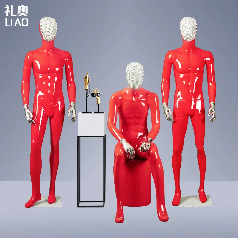Fiberglass full body man size Red yellow change chrome face chrome Hands abstract attractive male dummy business suit display ma