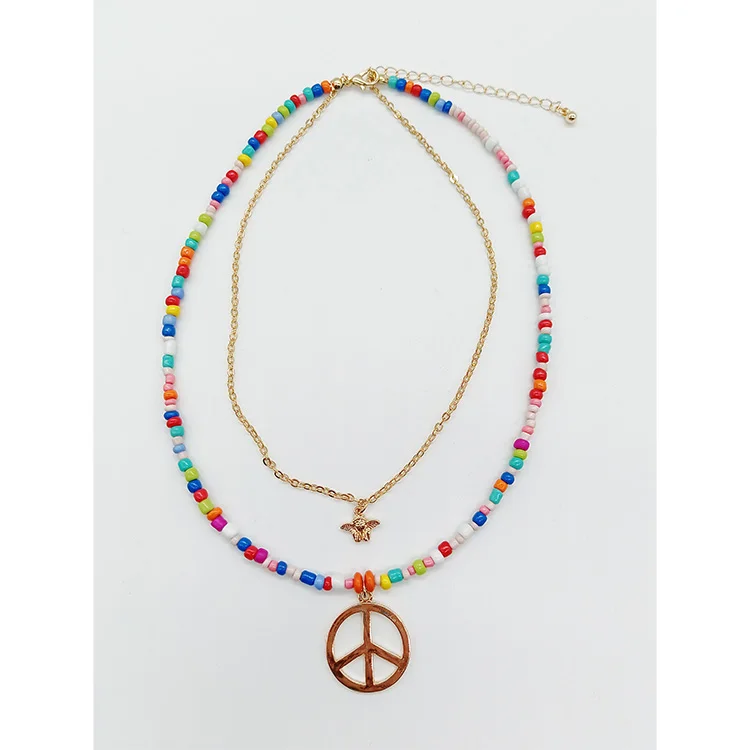 Double layer rainbow seed beads Necklace Gold Silver plated Angel Peace symbol Pendant Couple Necklace