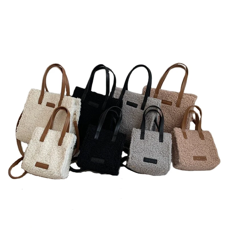 Girls  lamb wool tote bag textured one-shoulder cross-body bucket  bag