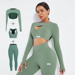 2021 Summer New Design 3 Piece Workout Set Plain Color Yoga Bra High Waist Yoga Pants And Hoodie Women Yoga Set Suit