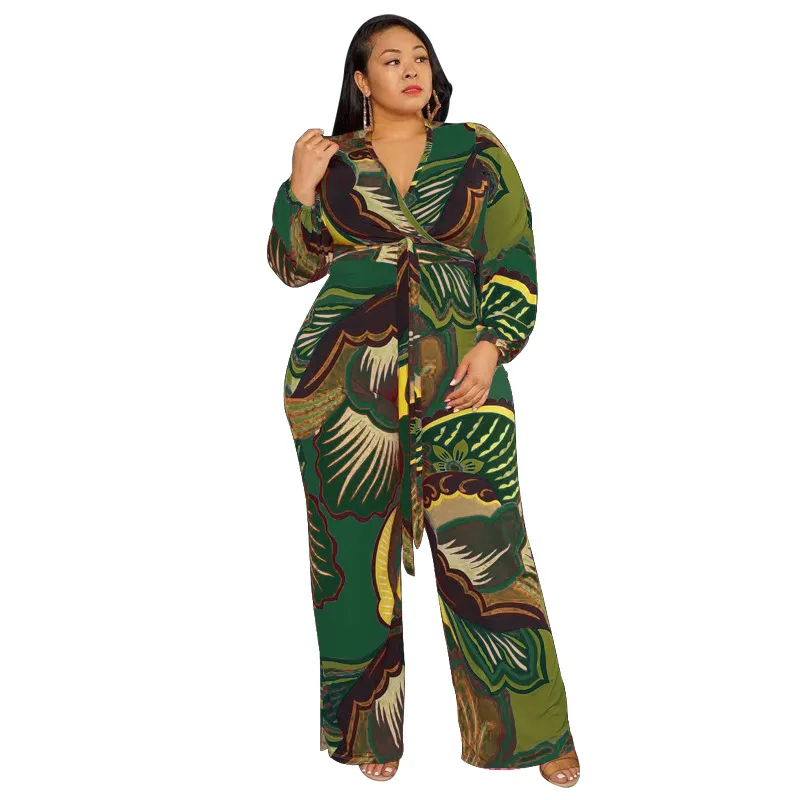 European and American abstract printing deep V-neck loose fashion jumpsuit plus size casual jumpsuit