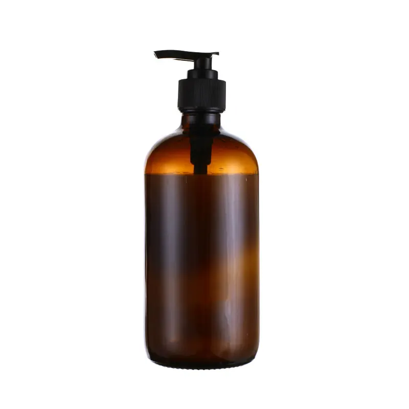 
8oz 16oz 250ml 500ml Clear Amber Boston Round Glass Lotion Soap Bottle with Black Pump Dispenser 