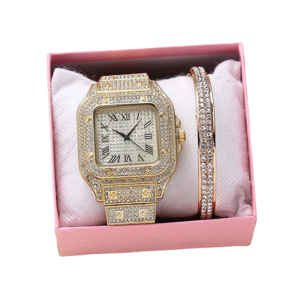 Hot Sale 2Pc Set Women Men Full Diamond Square Watch Quartz Steel Strap Iced Out Bracelet Set