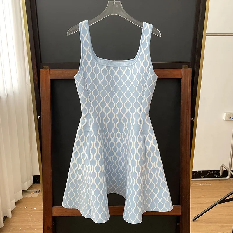 2024 High Quality Autumn New Women Blue French Fashion U-shaped Hemline Sleeveless Knit Dress