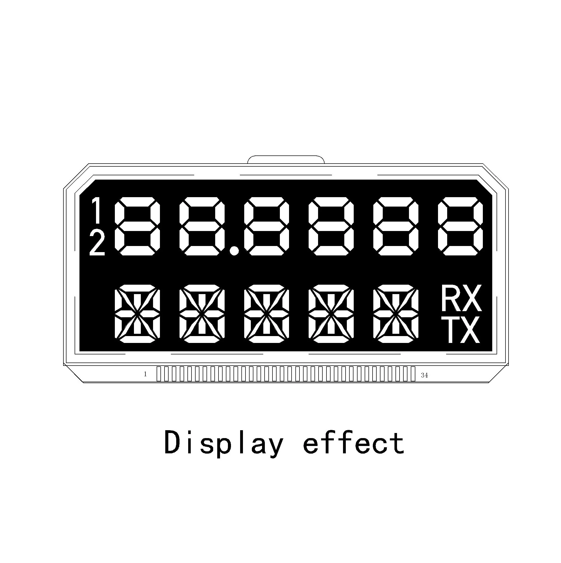  irregular shaped lcd 1.9 inch 11 digit character white on black VA transmissive ultra bright 6 7 segment