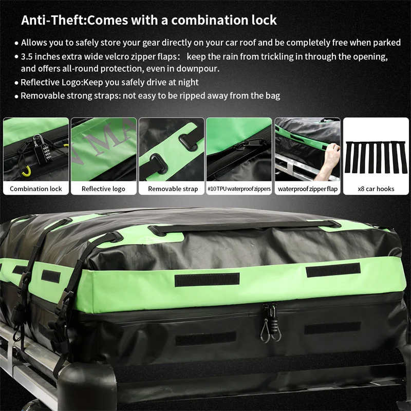 100% Waterproof Rooftop Cargo Carrier Heavy Duty 21 Cubic Car Roof Bag  Cargo Roof Storage Bag With Door Hooks