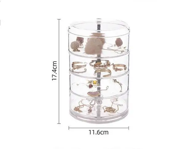 Stackable 4 Tier Round Clear Plastic Jewelry Rotating Storage tray With Lid Small Cylindrical Storage Case For Jewelry