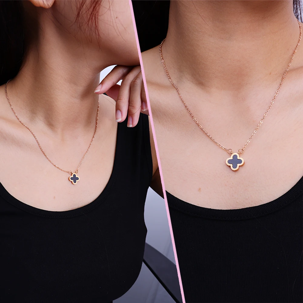 Fashion Stainless Steel 18k Gold Plated Jewelry Four Leaf Clover Charm Pendant Necklace Women Shell Black Agate Two-sided Custom