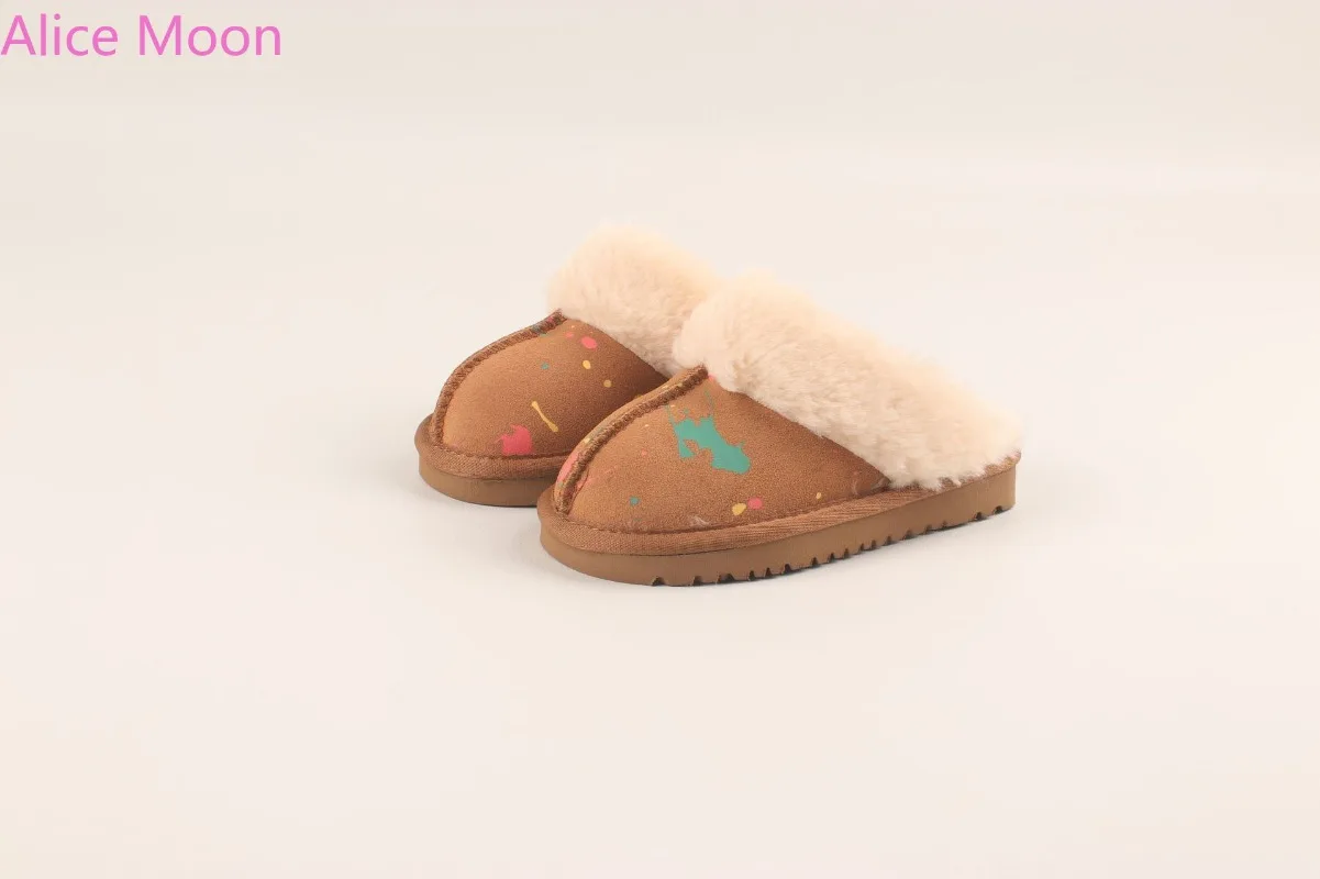 Milk Cow Print Closed Toe Fluffy Slipper for Mommy and Me Winter Warm Home Thicken Cotton Plush Real Leather Slipper Women Shoes