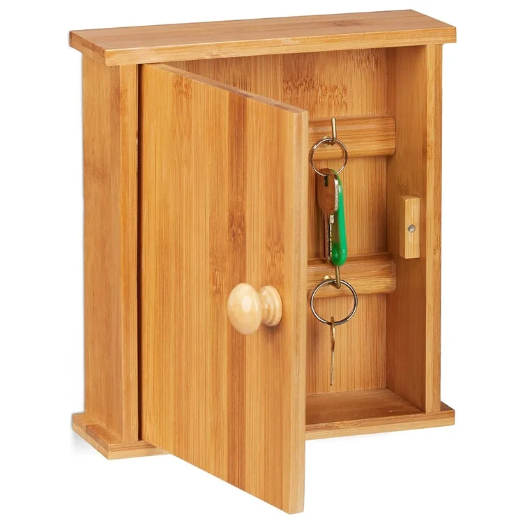 Wall Mounted Magnetic Latch Natural Bamboo Rack Wooden Key Holder Cabinet with 6 Hooks
